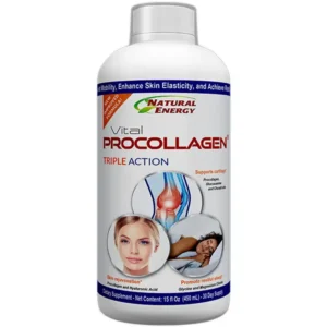 A product shot of the Vital Procollagen Triple Action supplement bottle, clearly showing the label and its three core benefits.