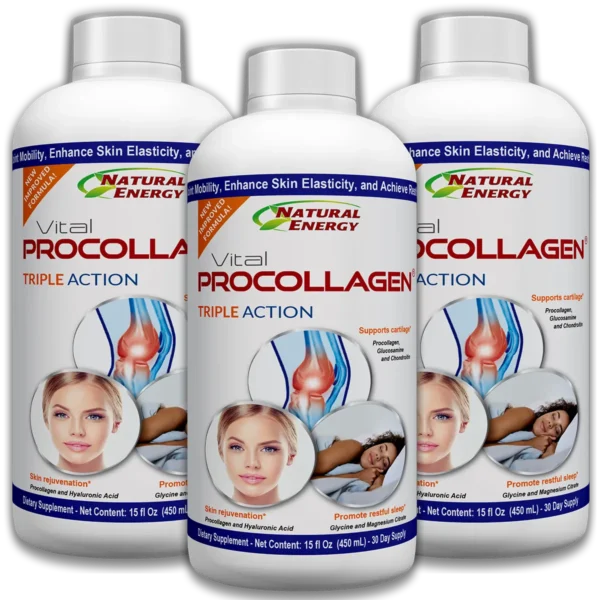 A 3-month supply kit of Vital Procollagen, showing three bottles of the liquid collagen formula offered as a special one-time deal.
