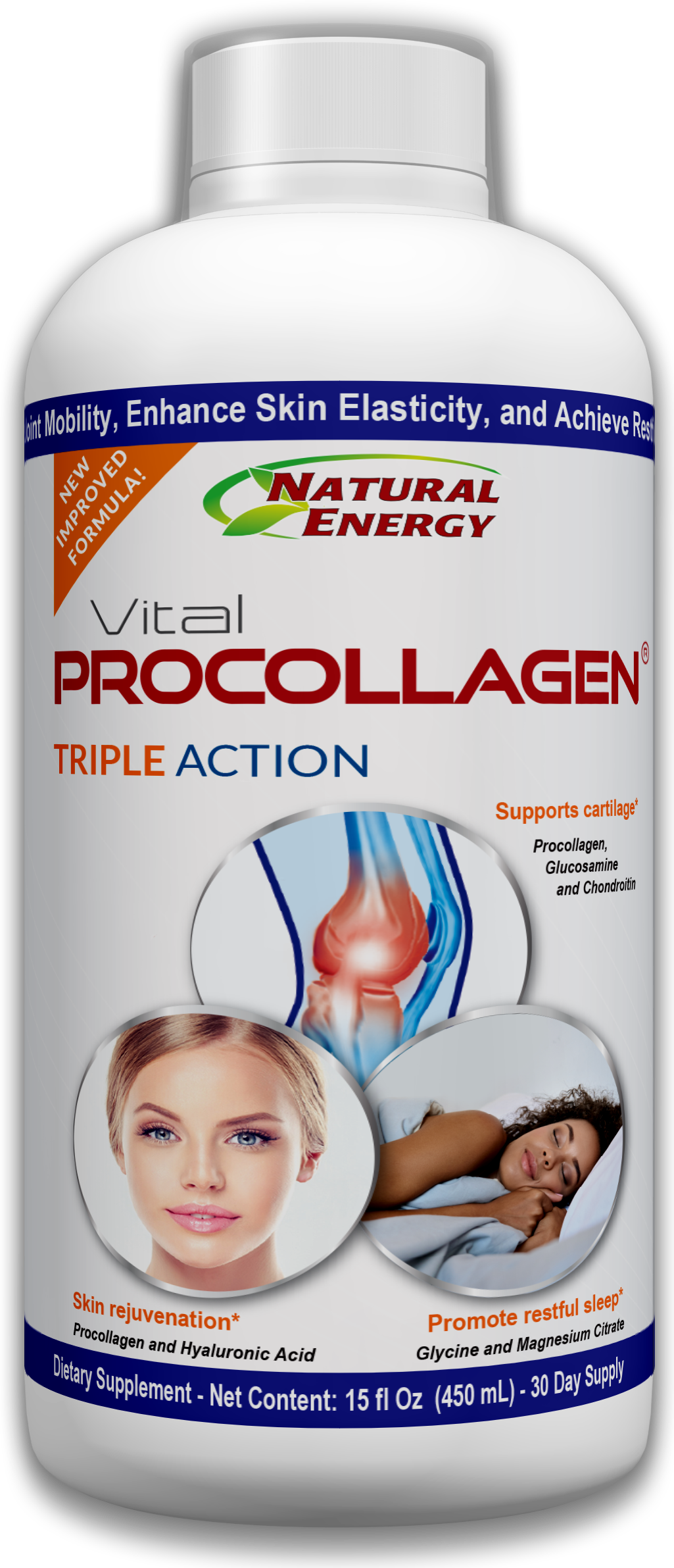 A product shot of the Vital Procollagen Triple Action supplement bottle, clearly showing the label and its three core benefits.