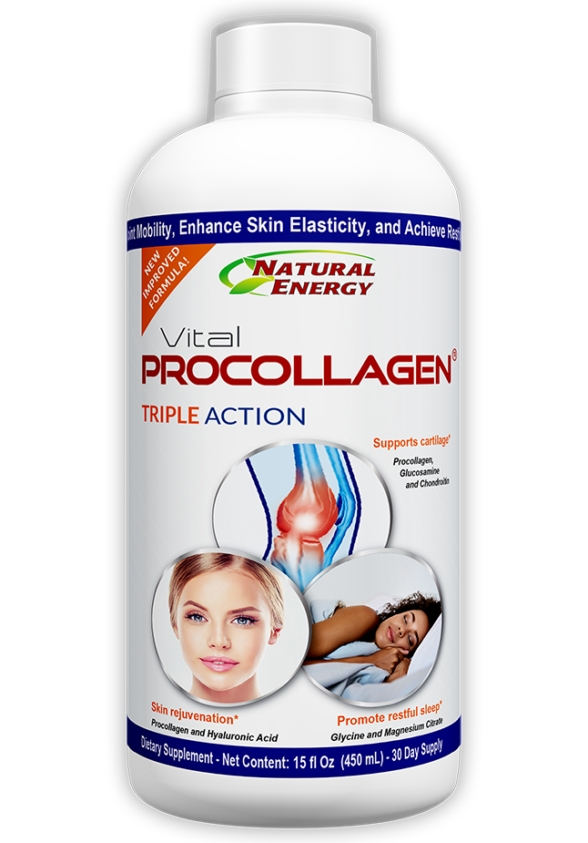 A product shot of the Vital Procollagen Triple Action supplement bottle, clearly showing the label and its three core benefits.