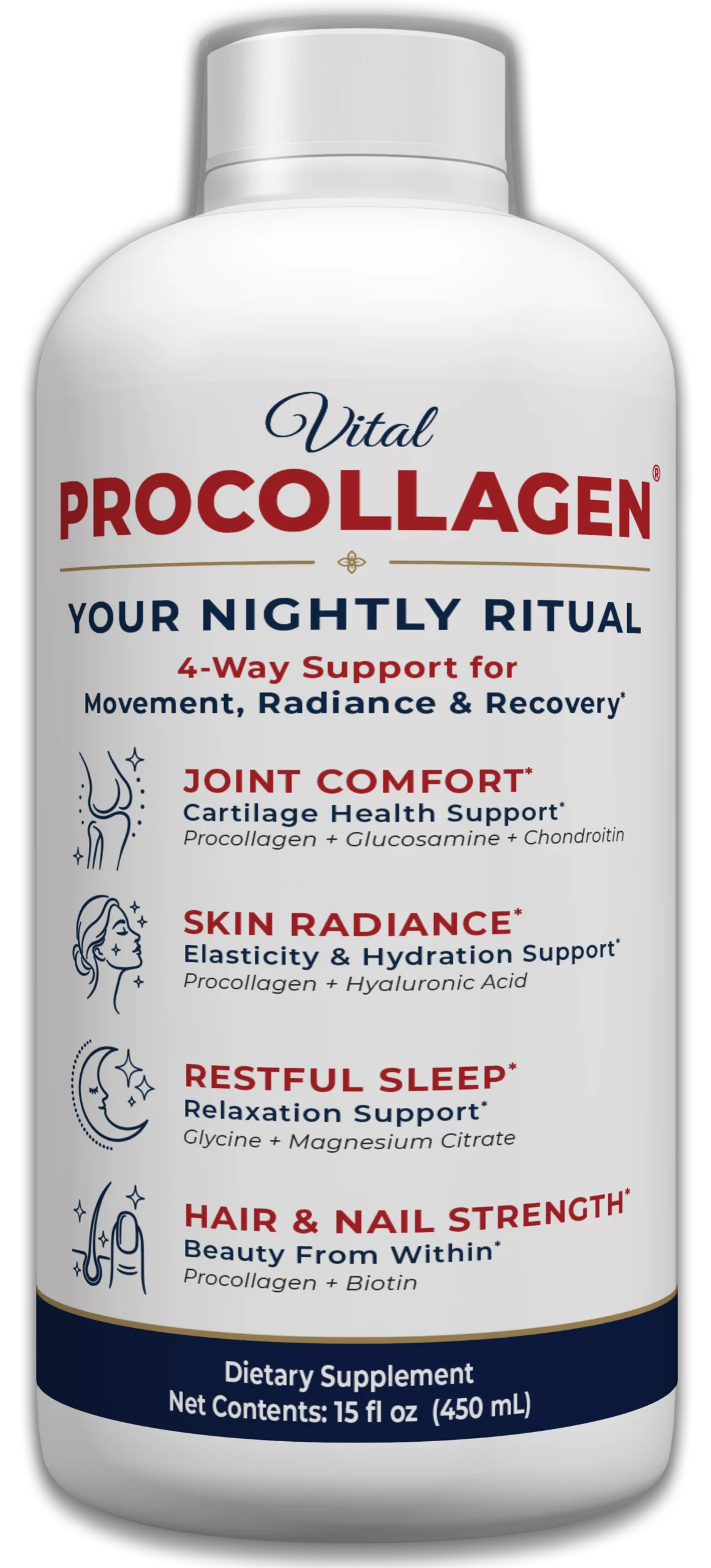 A product shot of the Vital Procollagen Triple Action supplement bottle, clearly showing the label and its three core benefits.