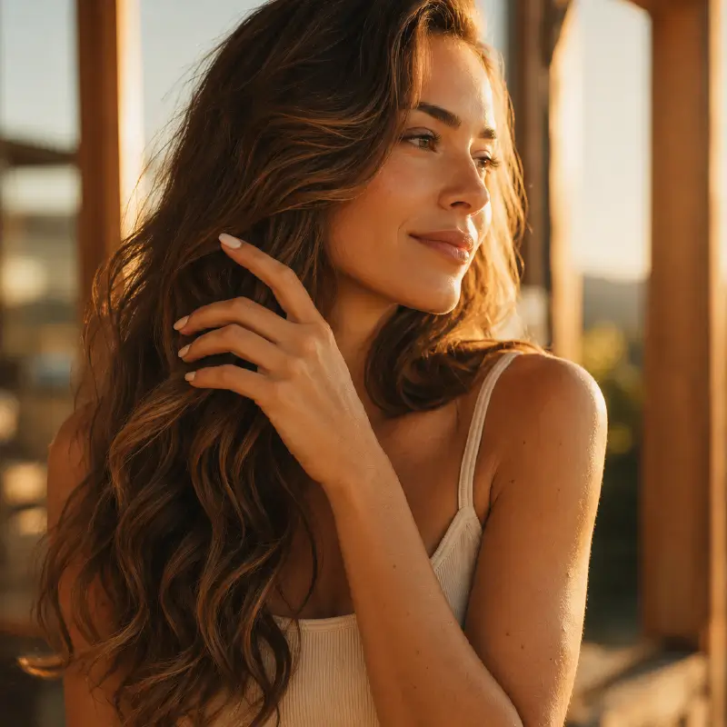 Woman with long healthy-looking hair gently touching it in warm natural light.