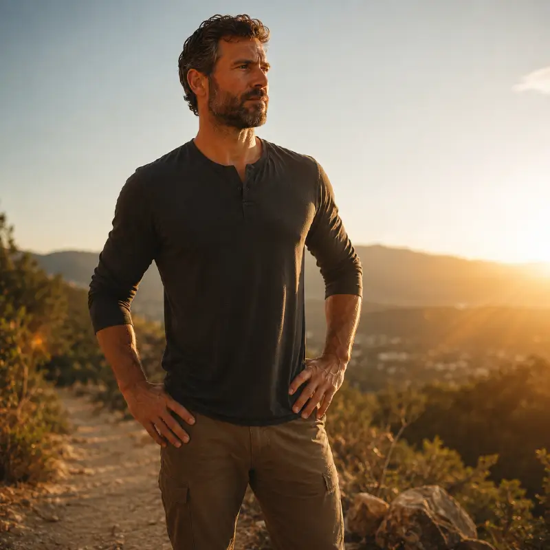 Active man standing outdoors on a scenic trail at golden hour.