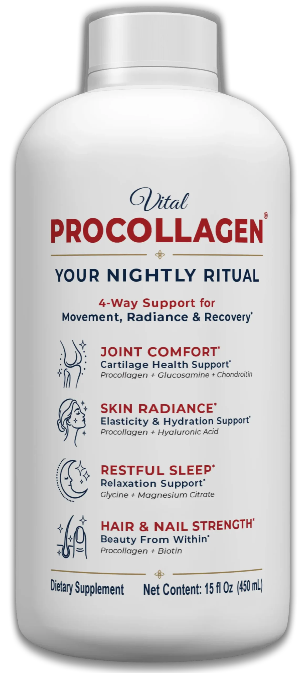 Front view of the Vital Procollagen 15 fl oz nightly liquid dietary supplement bottle.