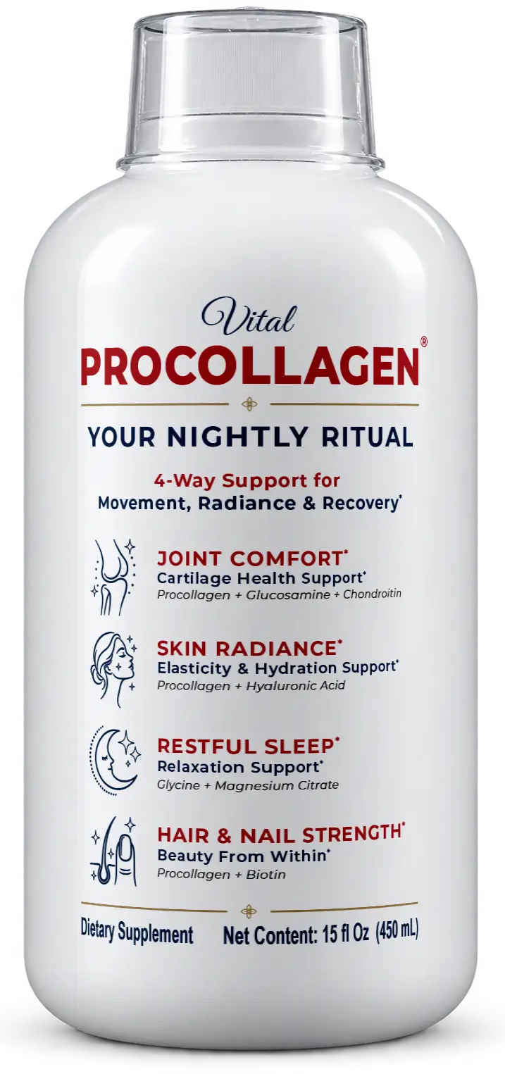 Front view of the Vital Procollagen 15 fl oz nightly liquid dietary supplement bottle.