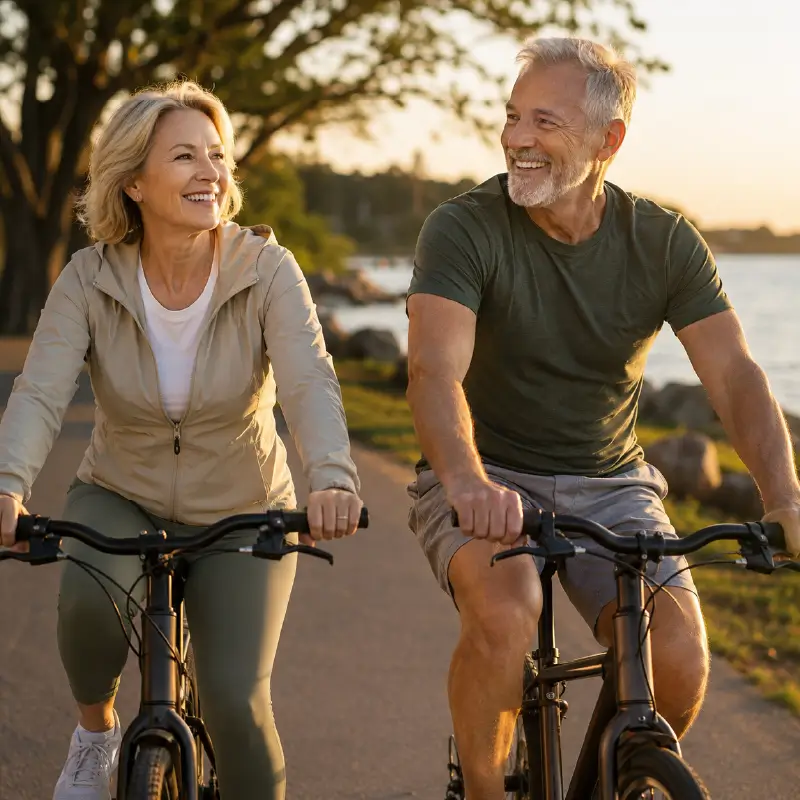 Smiling mature couple riding bicycles together outdoors at sunset.