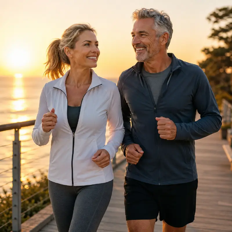 Mature couple jogging together along a boardwalk at sunset.