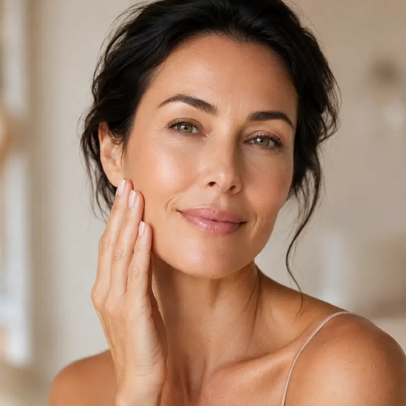 Confident mature woman gently touching her cheek with healthy-looking, radiant skin.