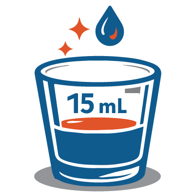 Icon of a dosage cup being filled representing a simple 15 mL nightly serving