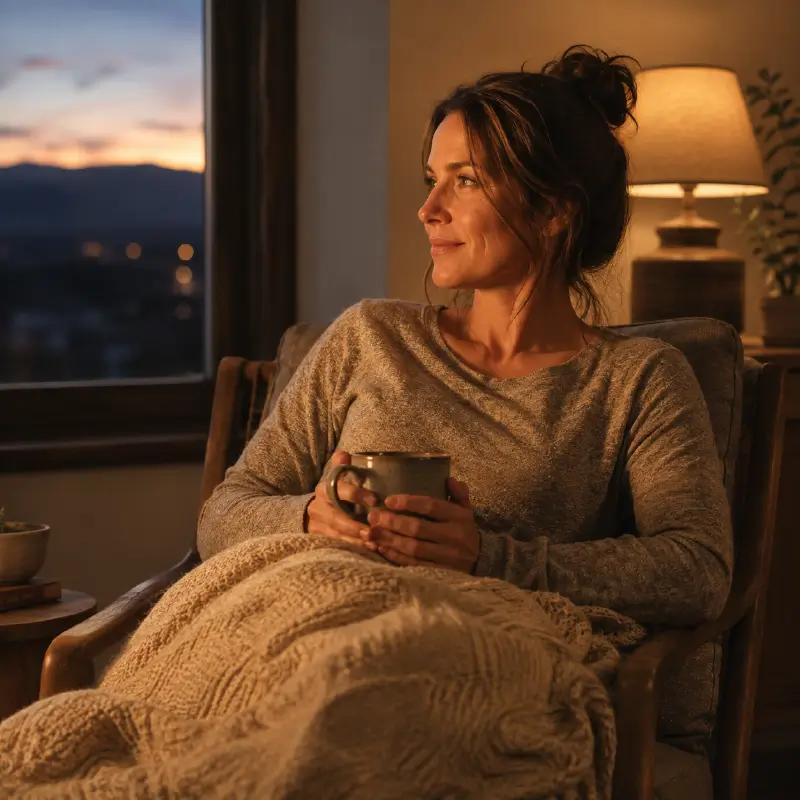 Relaxed woman sitting by a window with a warm drink during a peaceful evening.