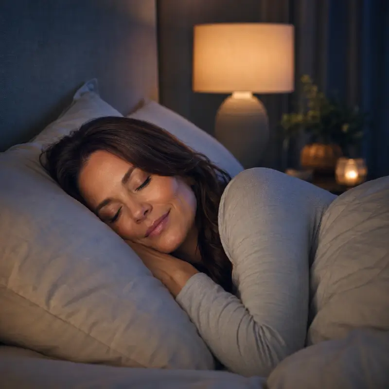 Woman sleeping comfortably in bed with soft bedside lamp lighting.