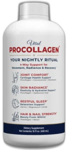 Front view of the Vital Procollagen 15 fl oz nightly liquid dietary supplement bottle.