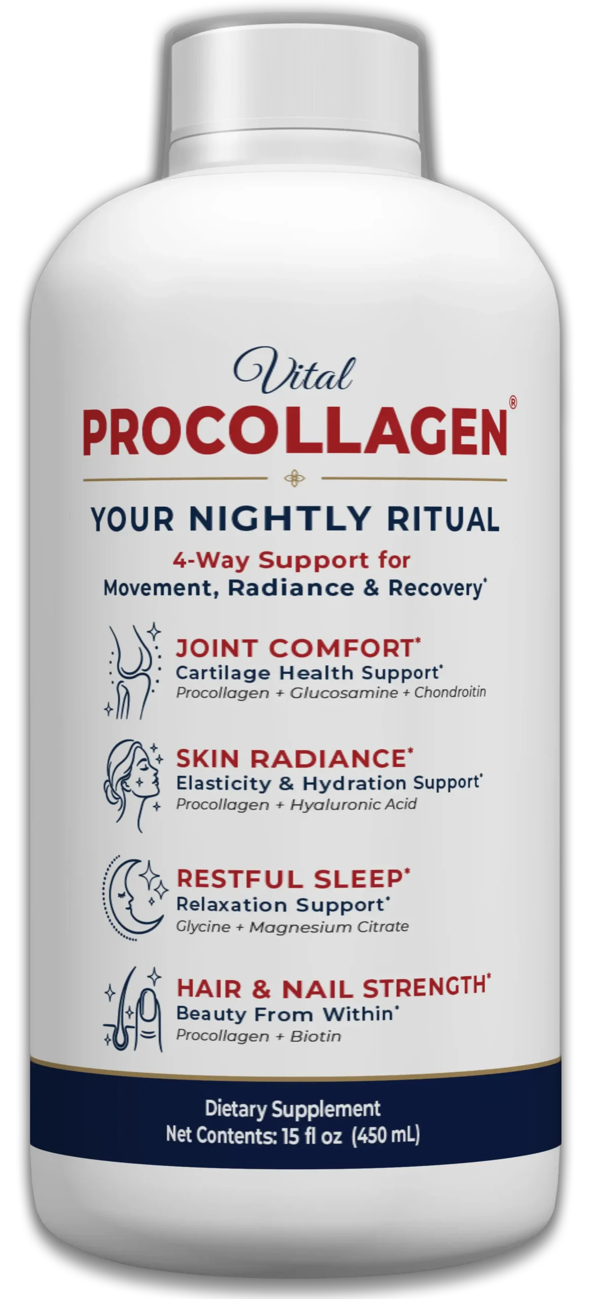 Front view of the Vital Procollagen 15 fl oz nightly liquid dietary supplement bottle.