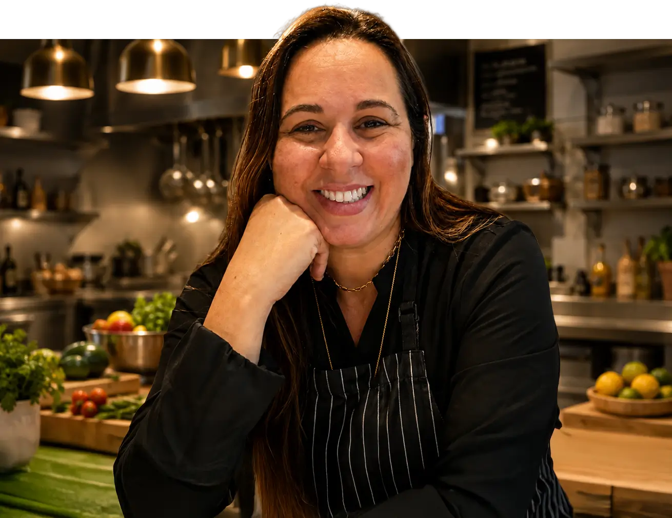 F. Mastrillo, professional chef, smiling in a commercial kitchen.