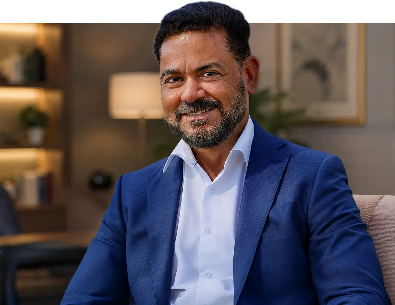 Paulo L., psychologist, seated in a warm professional office.